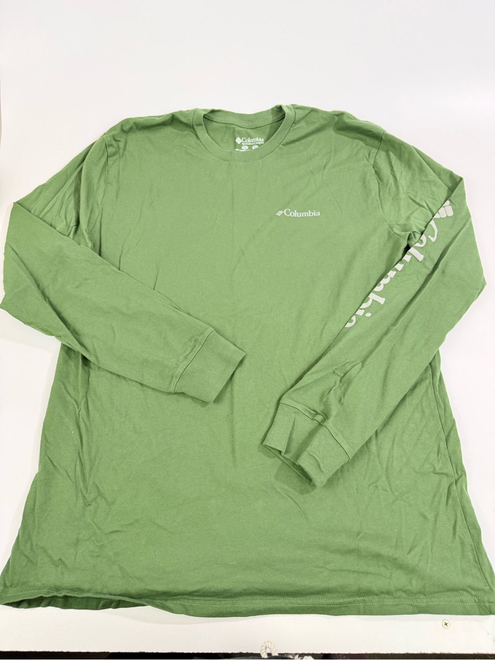 Columbia Long Sleeve Logo Tee -Green- size XL- crew neck- 100% cotton